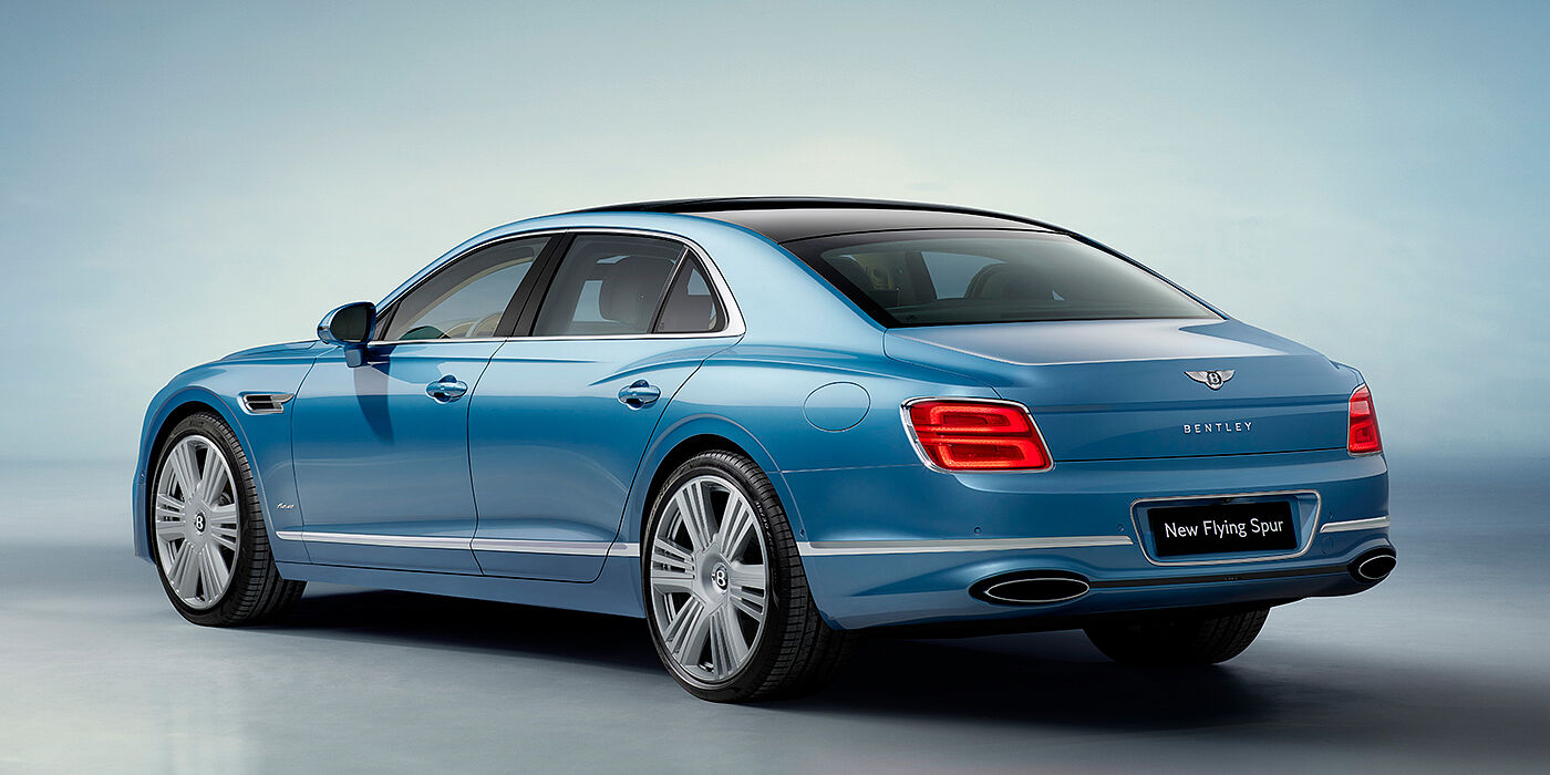 Bentley Monterrey New Bentley Flying Spur Azure sedan rear view in Light windsor blue by Mulliner paint with 22 inch Azure wheels and chrome exterior details