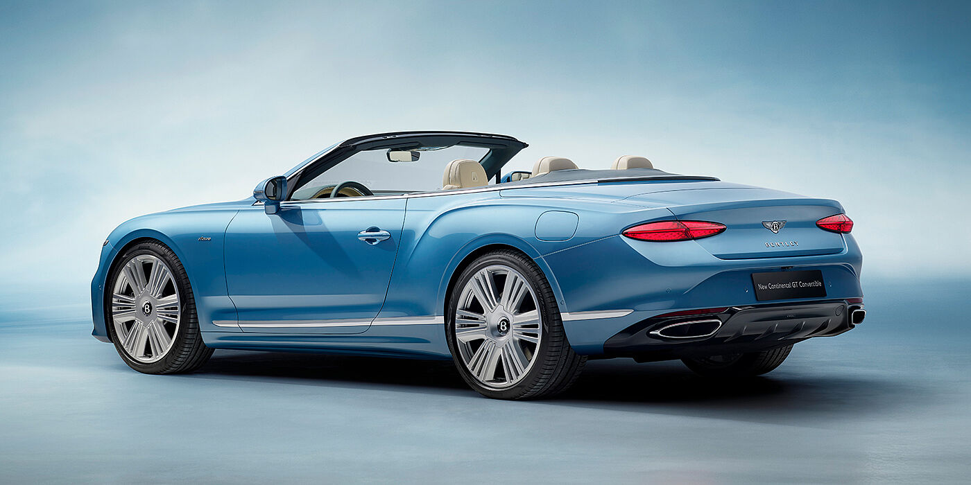Bentley Monterrey New Bentley Continental GTC Azure convertible rear view in Light Windsor blue paint with 22 inch ten spoke wheels and chrome exterior details