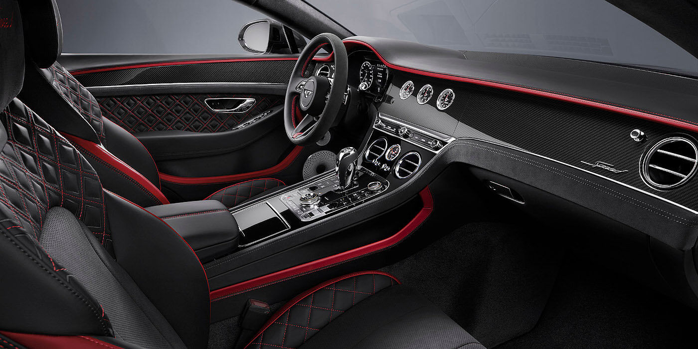 Bentley Monterrey Bentley Continental GT Speed coupe front interior in Beluga black and Hotspur red hide