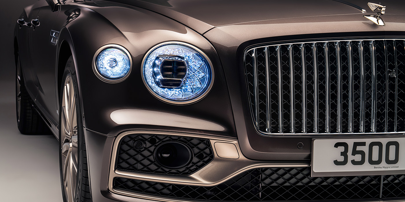 Bentley Monterrey Bentley Flying Spur Odyssean sedan front grille and illuminated led lamps with Brodgar brown paint