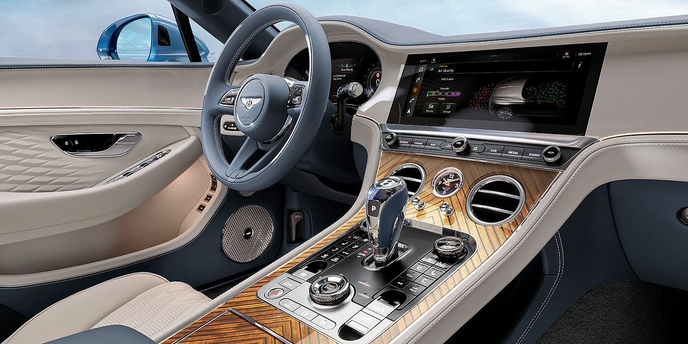 Bentley Monterrey New Bentley Continental GTC Azure convertible interior front cabin view with Linen and Brunel hides and Piano Linen by Mulliner veneer featuring centre console and centre MMI screen