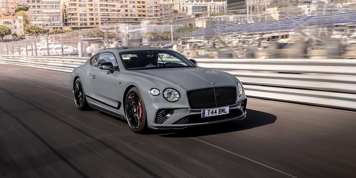 Bentley Monterrey Bentley Continental GT S coupe in Cambrian Grey paint front 34 dynamic driving on track