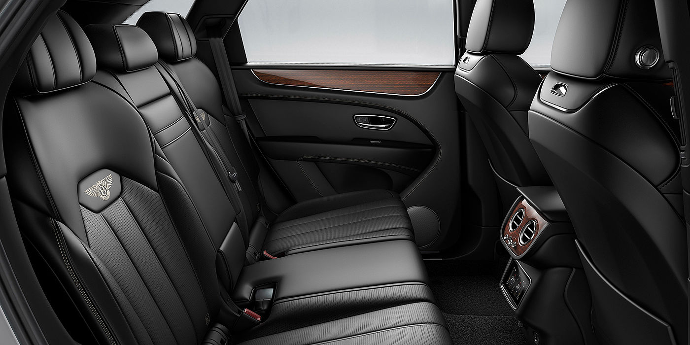 Bentley Monterrey Bentey Bentayga interior view for rear passengers with Beluga black hide.