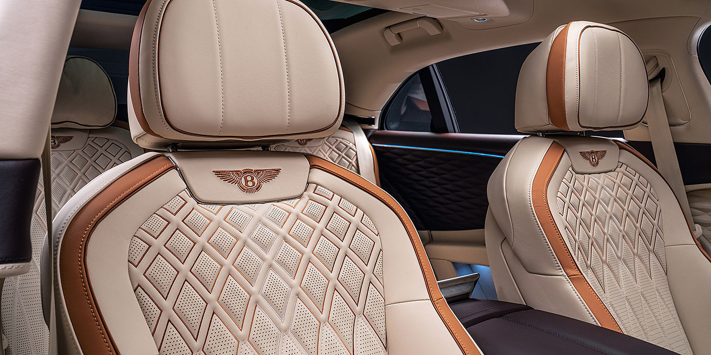 Bentley Monterrey Bentley Flying Spur Odyssean sedan rear seat detail with Diamond quilting and Linen and Burnt Oak hides