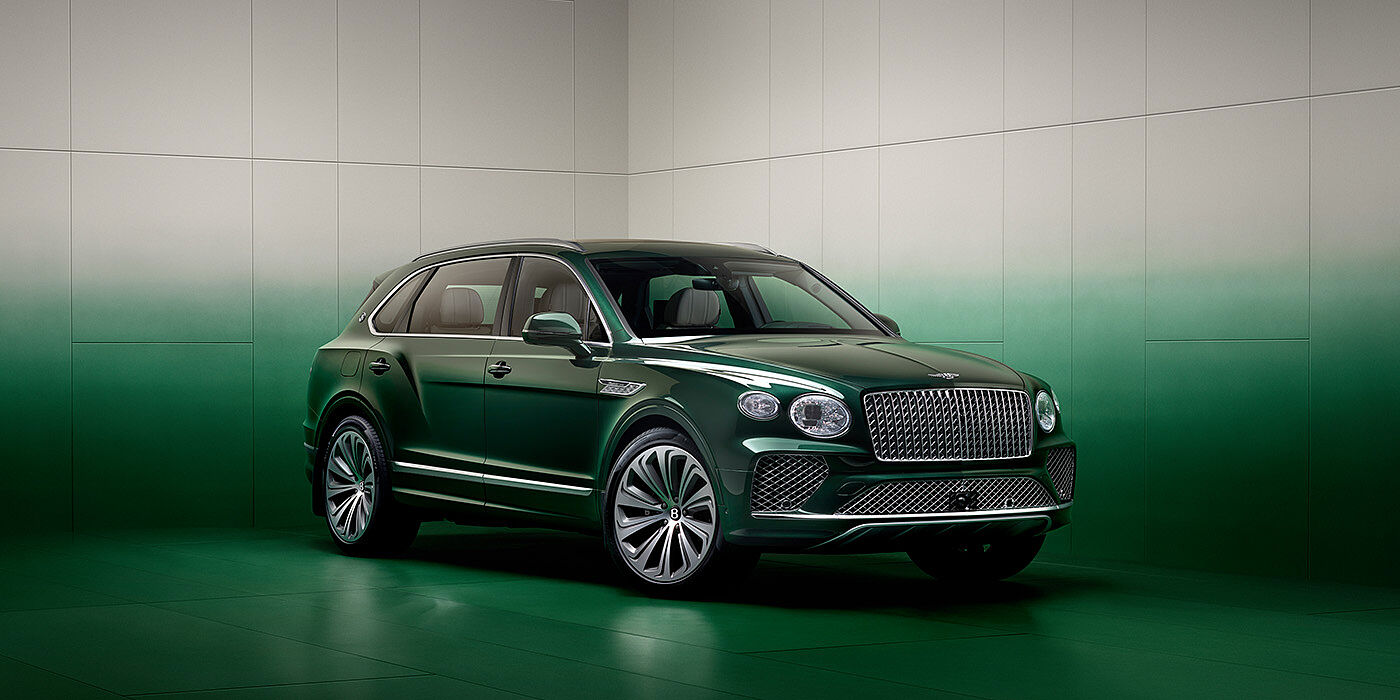 Bentley Monterrey Bentley Bentayga Extended Wheelbase SUV in Light Emerald green paint front three quarter in green grey room