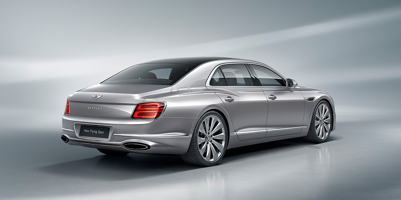 Bentley Monterrey New Bentley Flying Spur sedan rear view in Silverlake paint with ten spoke wheels and chrome matrix grille