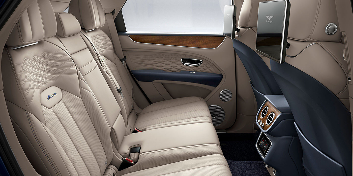 Bentley Monterrey Bentey Bentayga Azure interior view for rear passengers with Portland hide and Rear Seat Entertainment. 