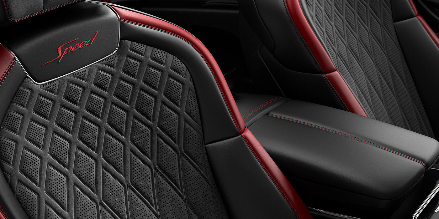 Bentley Monterrey Bentley Flying Spur Speed sedan seat stitching detail in Beluga black and Cricket Ball red hide