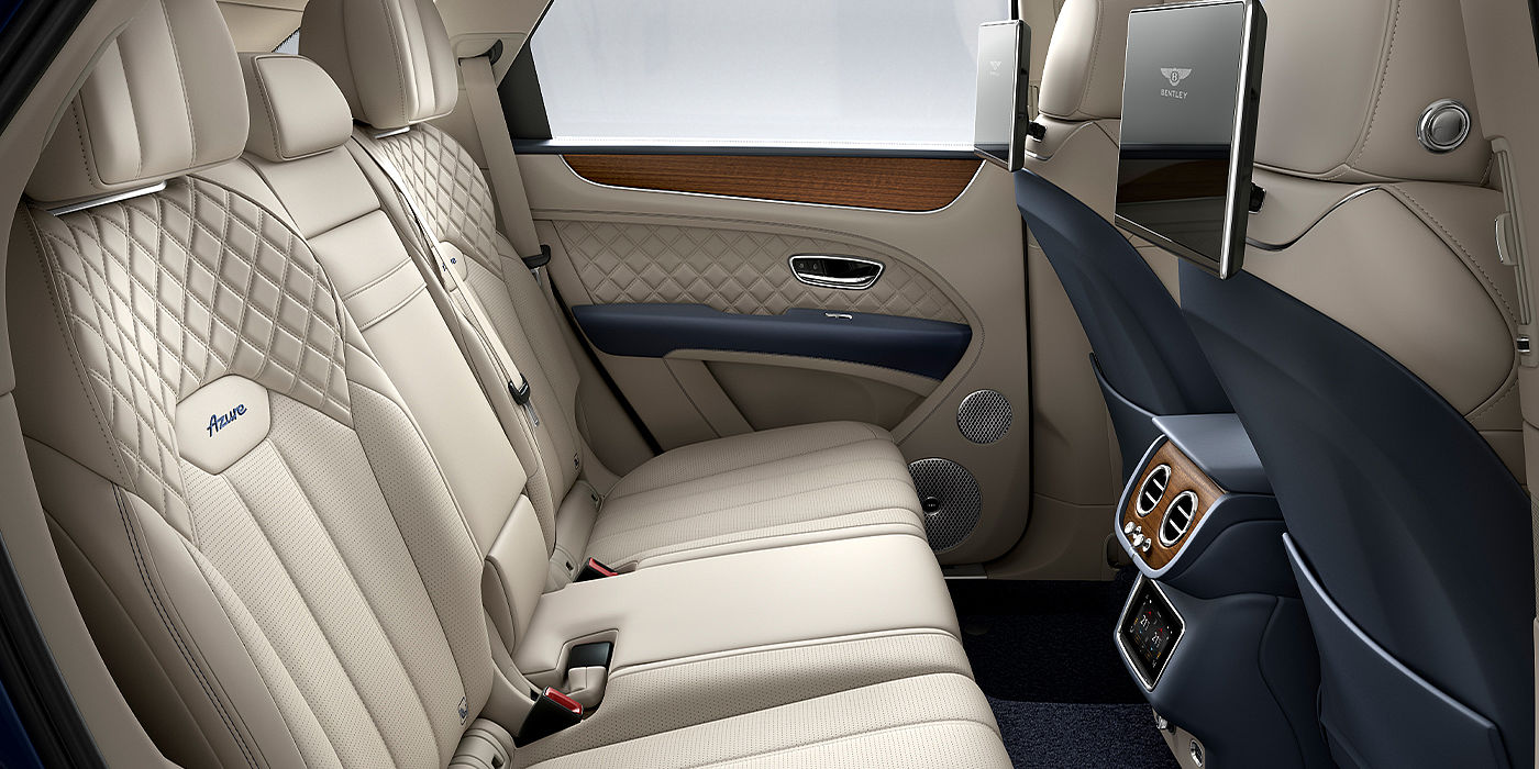 Bentley Monterrey Bentley Bentayga Azure SUV rear interior in Imperial Blue and Linen hide