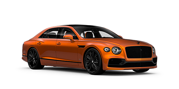 Bentley Monterrey Bentley Flying Spur Speed front side angled view in Orange Flame coloured exterior. 