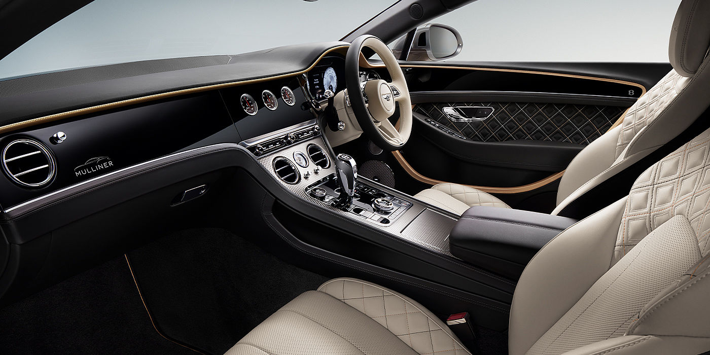 Bentley Monterrey Bentley Continental GT Mulliner coupe front interior in Beluga black and Linen hide