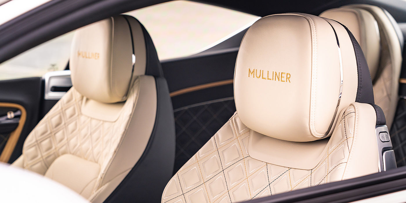 Bentley Monterrey Bentley Continental GT Mulliner coupe seat detail in Beluga black and Linen hide